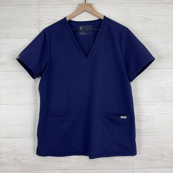 Figs Casma‎ Scrub Top Women L Navy Blue Three Pocket Short Sleeve Nurse Medical - Picture 1 of 14